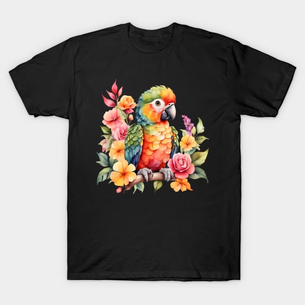 A parrot decorated with beautiful watercolor flowers T-Shirt by CreativeSparkzz